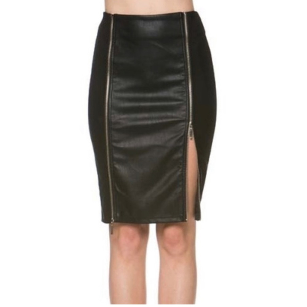 Kulson Black Leather Double Zipper Detail Skirt